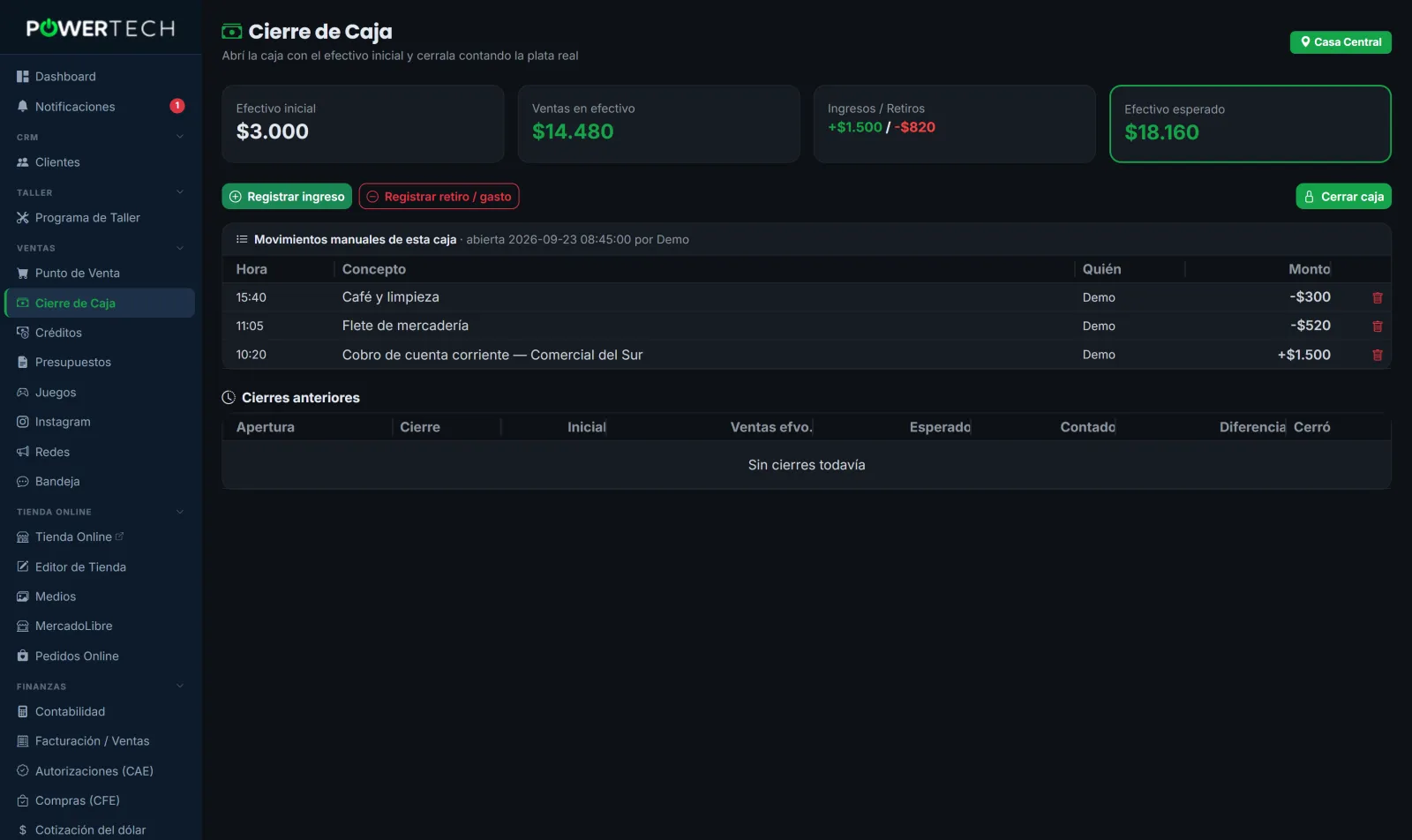 Cierre de caja: monto inicial, ventas por medio de pago, ingresos y egresos del día