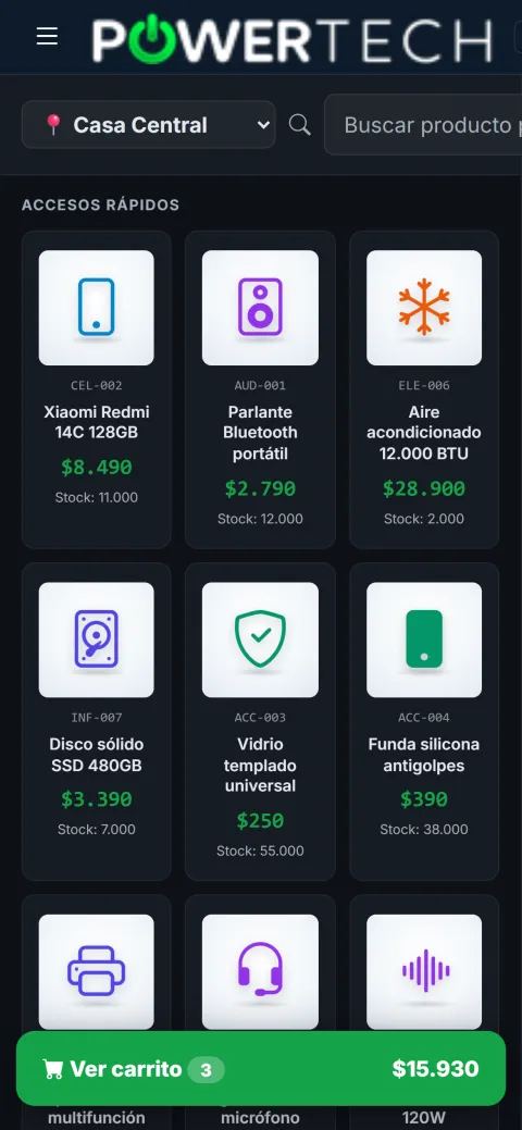El mismo sistema funcionando en un celular, en la pantalla de punto de venta