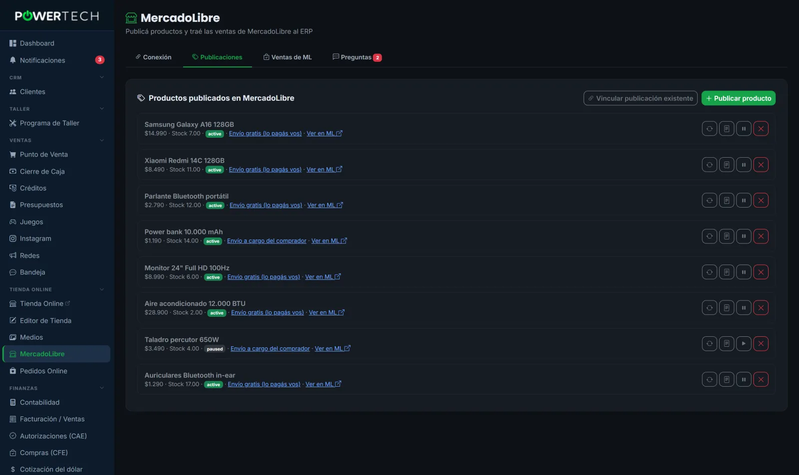 Módulo de MercadoLibre: productos publicados con precio, stock y estado, más las ventas y preguntas