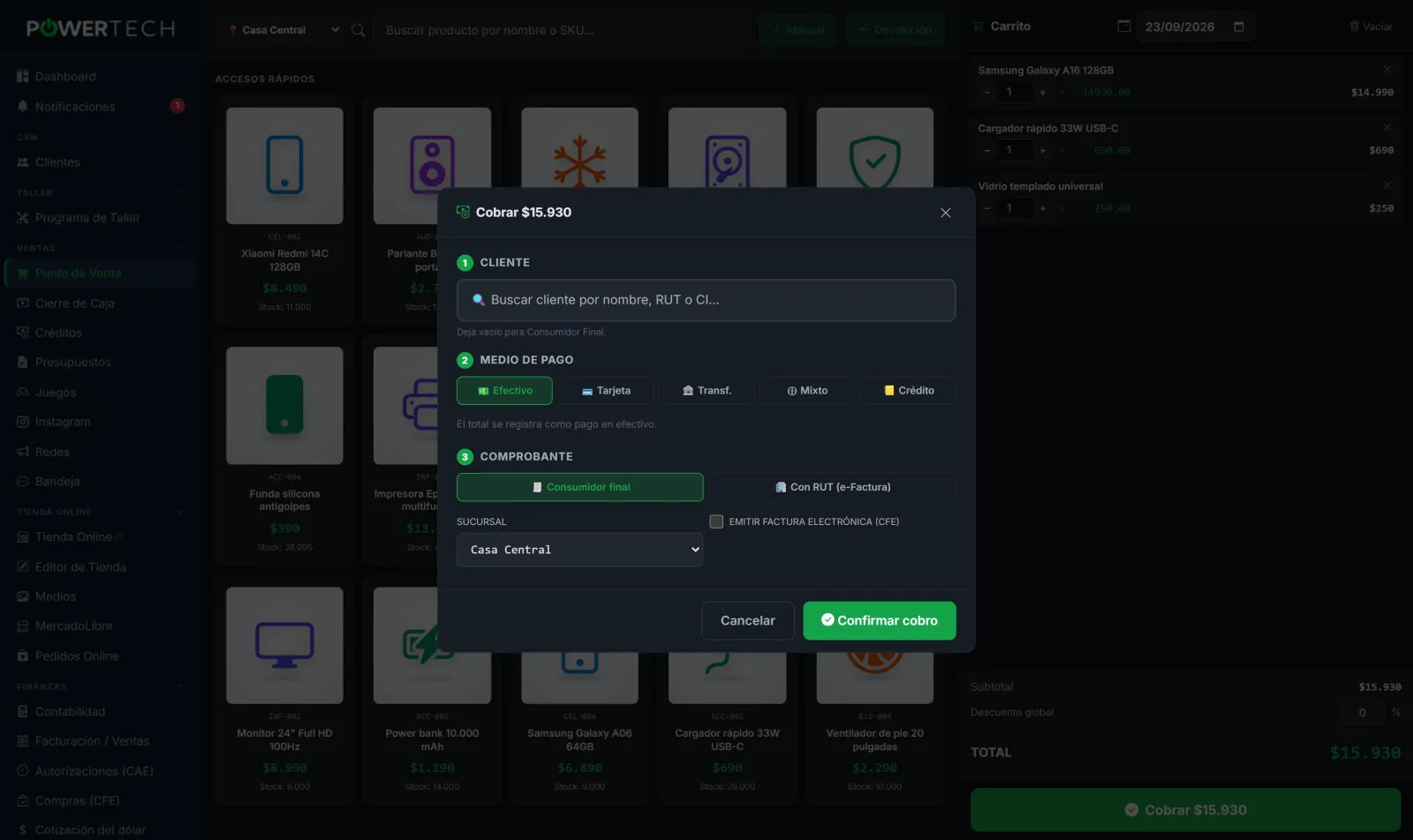 Pantalla de cobro: efectivo, tarjeta, transferencia, pago mixto o crédito, y el tipo de comprobante