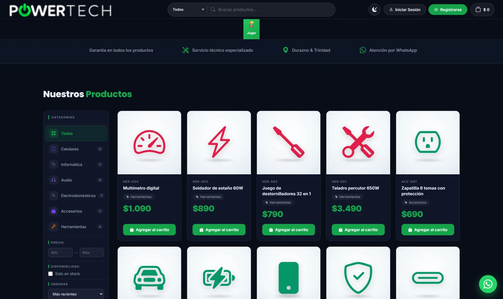 Tienda online del negocio: productos con foto, precio, filtros por categoría y carrito de compras